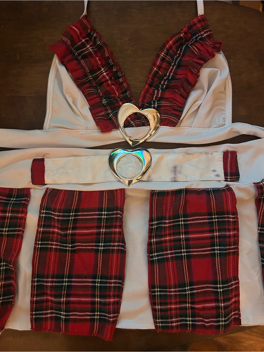 New with Defects Sexy Red Plaid Metal Bling Schoolgirl Bra & Skirt Lingerie Set